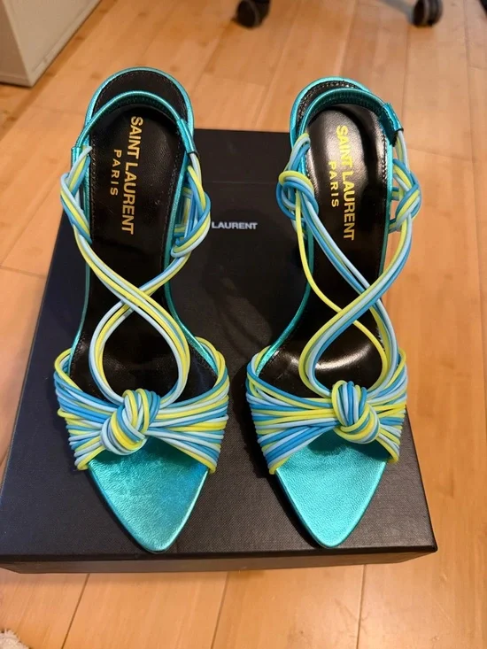 Saint Laurent Teal Satin Knotted Strap Stiletto Sandals - Picture 3 of 6